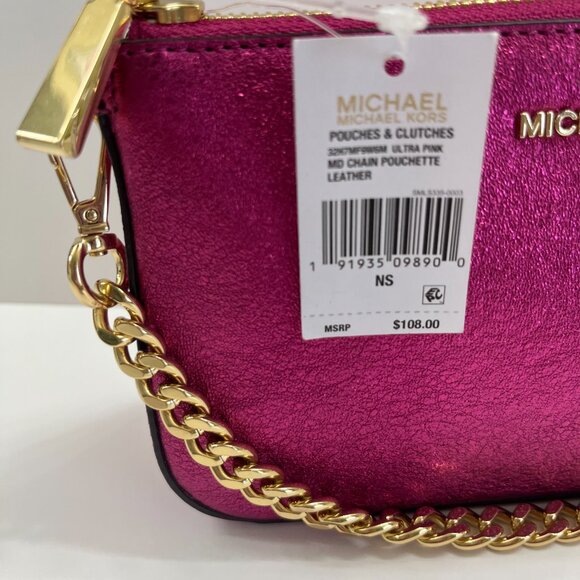 Michael Kors Ultra Pink Sparkly Leather Pouchette Bag W/ Gold Chain - NWT - Picture 10 of 10